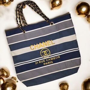 Chanel Beauty Striped Blue/White/Gray Tote Bag - New
